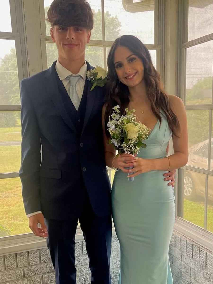 V Neck Mermaid Satin Long Prom Dress with Side Cutouts