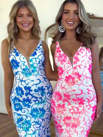 V Neck Sequin Lace Mermaid Long Prom Dress