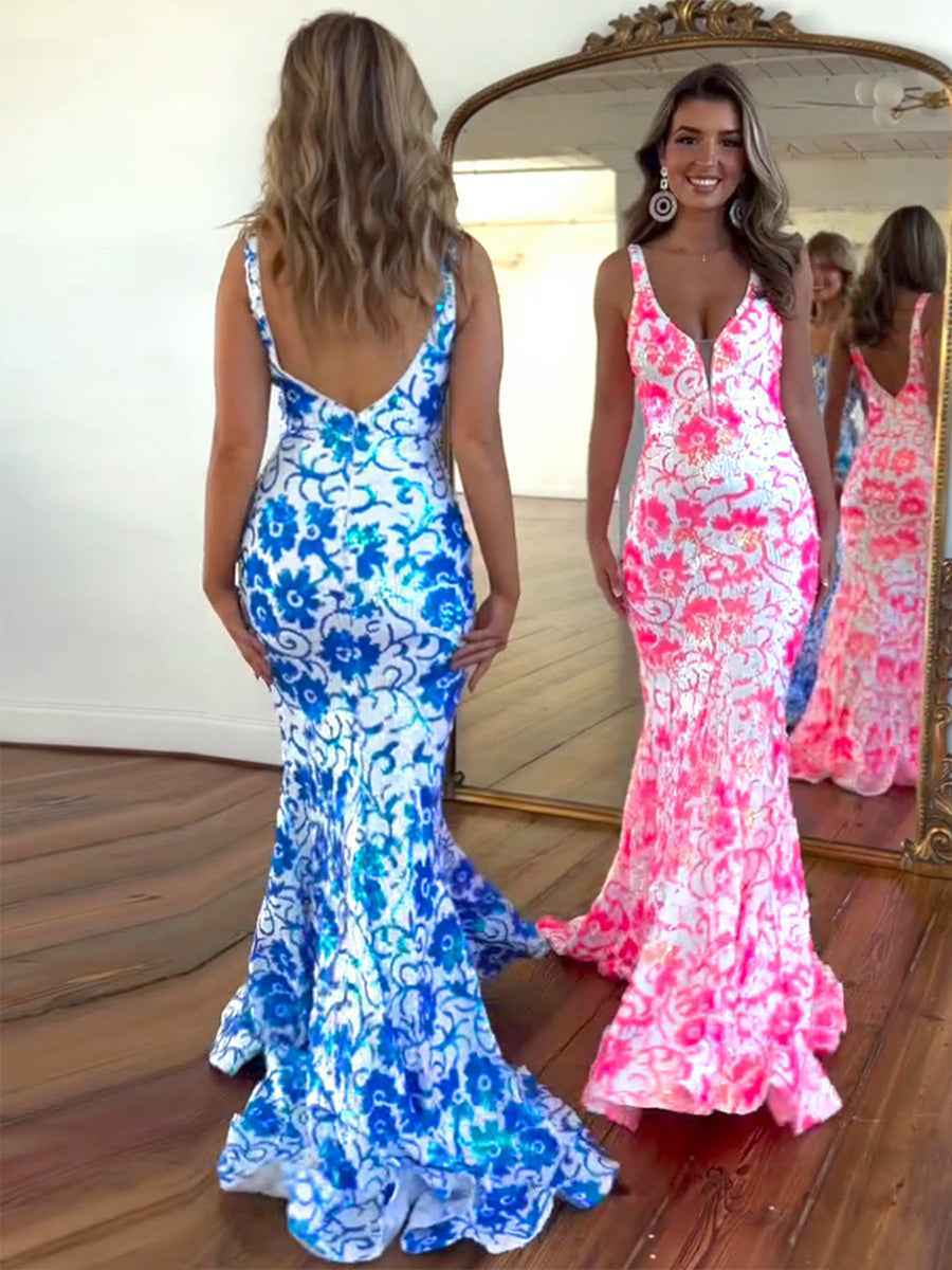 V Neck Sequin Lace Mermaid Long Prom Dress
