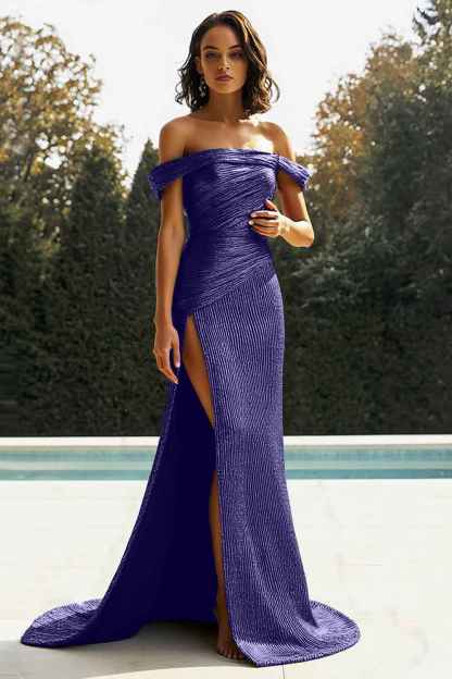 Sparkly Golden Mermaid One Shoulder Pleated Long Prom Dress with Slit