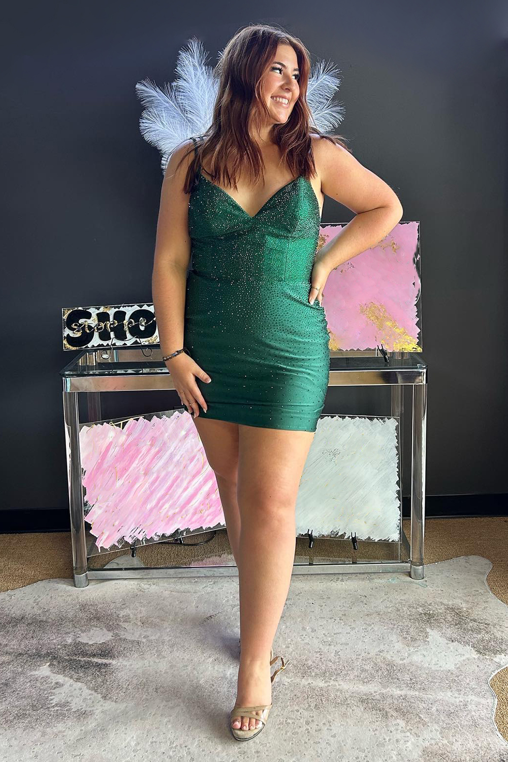 Sparkly Dark Green Spaghetti Straps Beaded Backless Tight Homecoming Dress-BMbridal