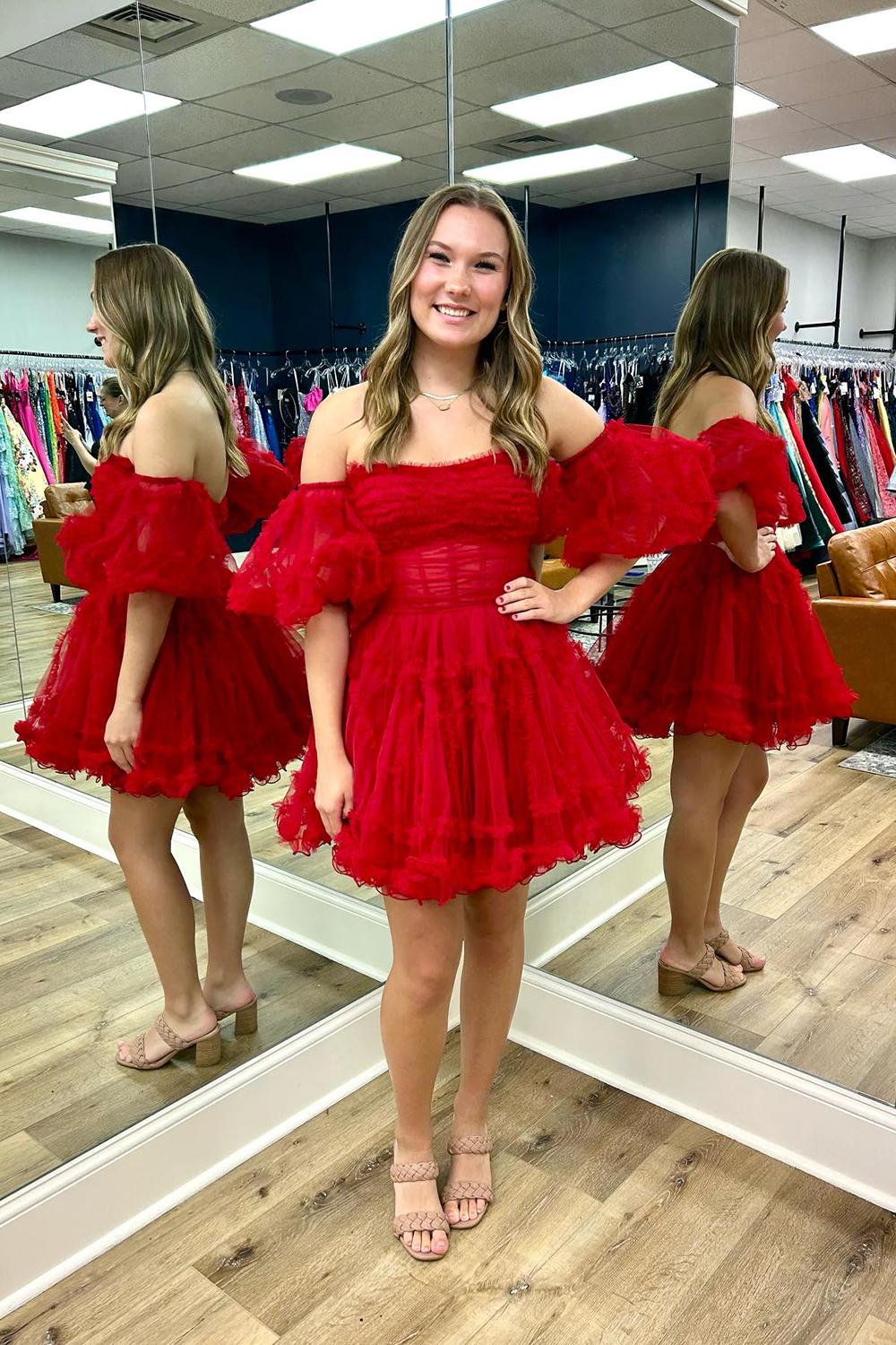 Red Corset Strapless A-Line Short Tulle Homecoming Dress with Detachable Sleeves-BMbridal