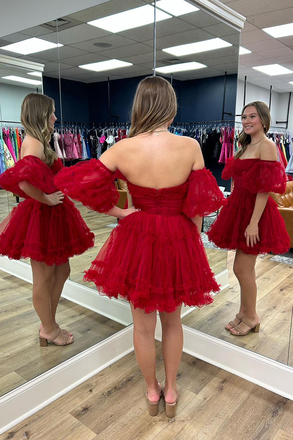 Red Corset Strapless A-Line Short Tulle Homecoming Dress with Detachable Sleeves-BMbridal