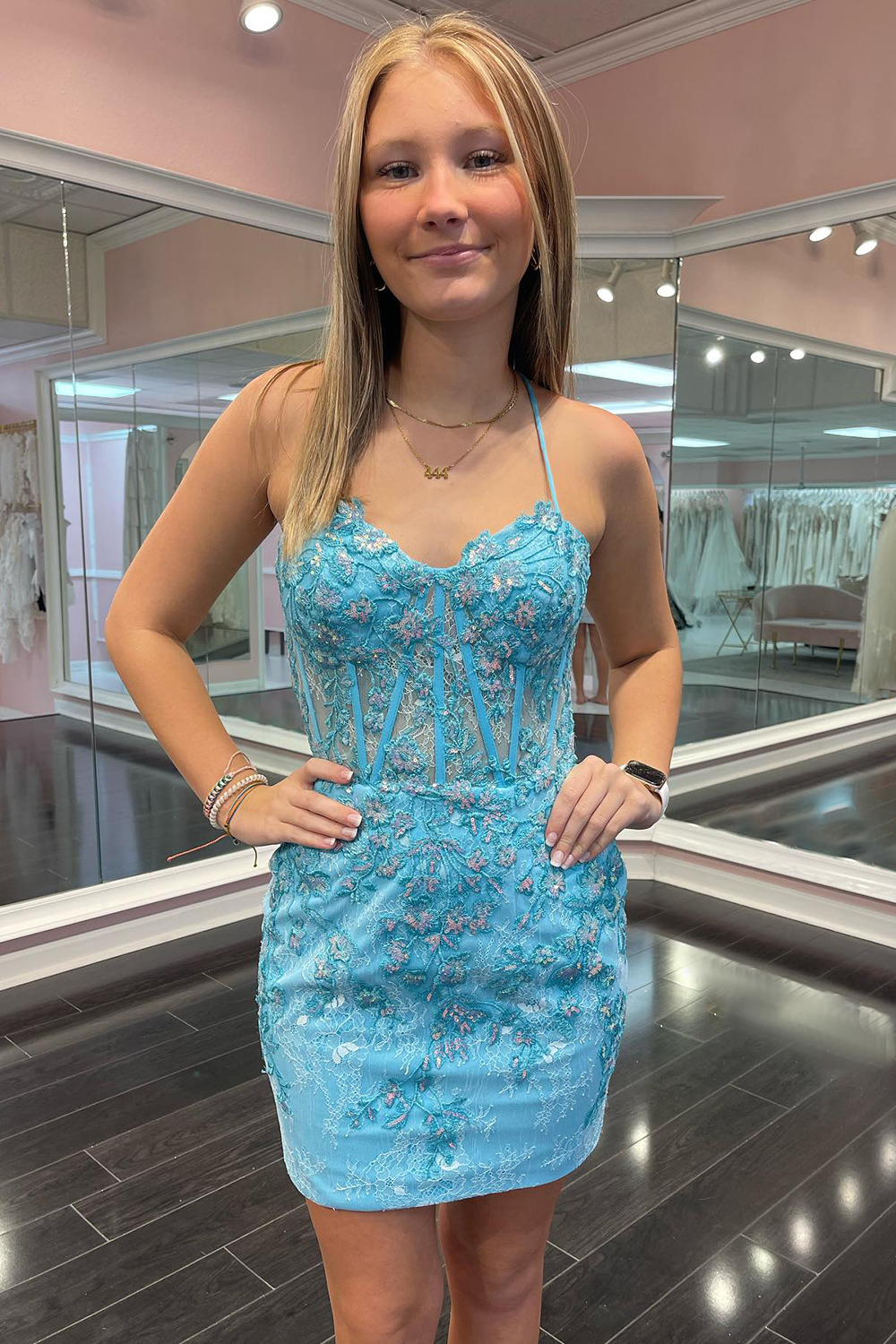 Sparkly Blue Corset Floral Tight Short Homecoming Dress with Lace-BMbridal