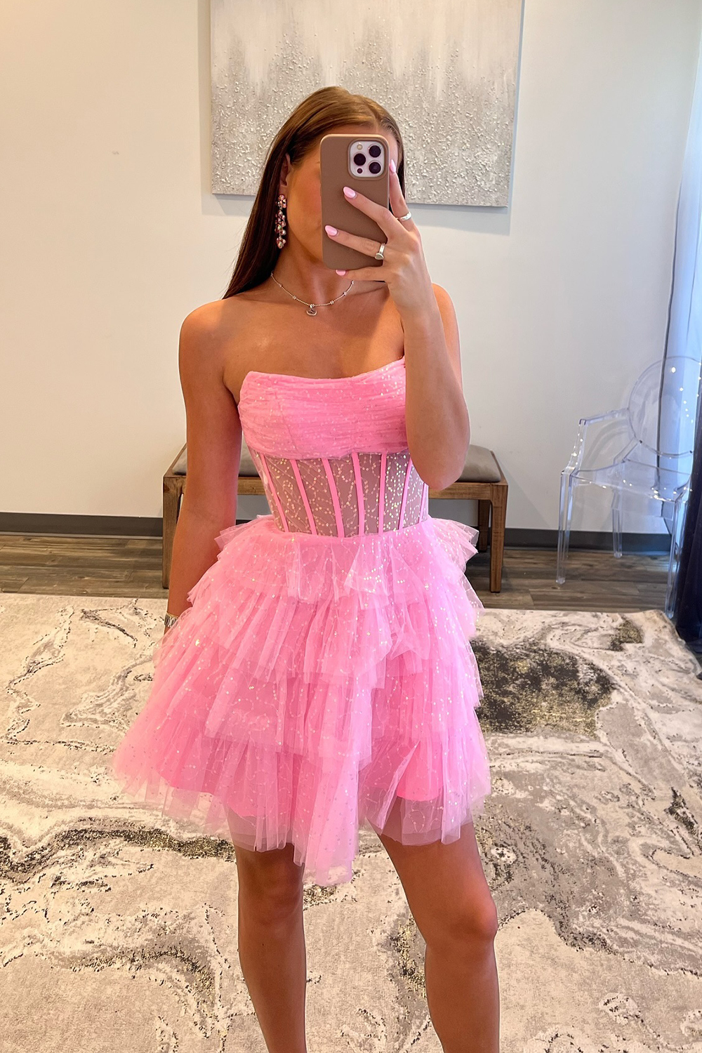 Sparkly A-Line Pink Corset Tiered Tulle Short Homecoming Dress-BMbridal