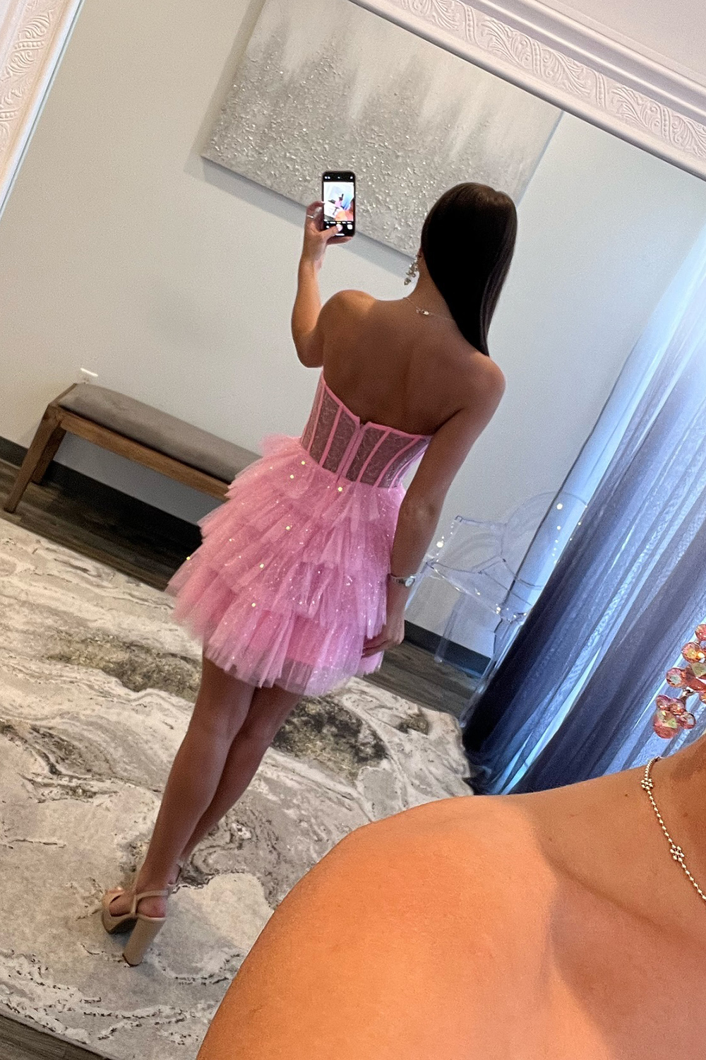 Sparkly A-Line Pink Corset Tiered Tulle Short Homecoming Dress-BMbridal