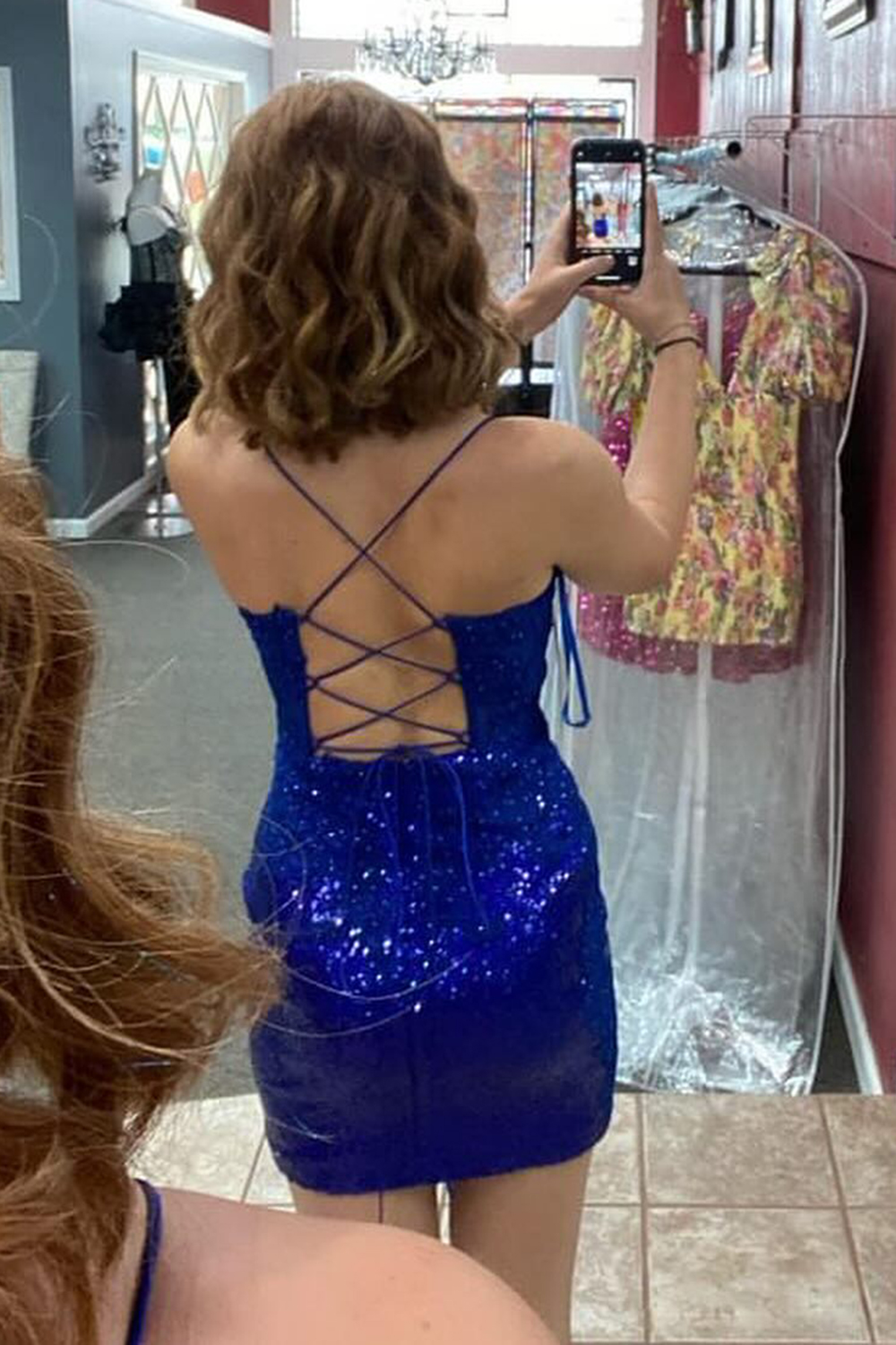 Sparkly Royal Blue Spaghetti Straps Tight Short Homecoming Dress with Sequins-BMbridal