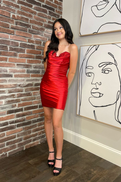 Red Satin Sweetheart Tight Short Homecoming Dress With Lace