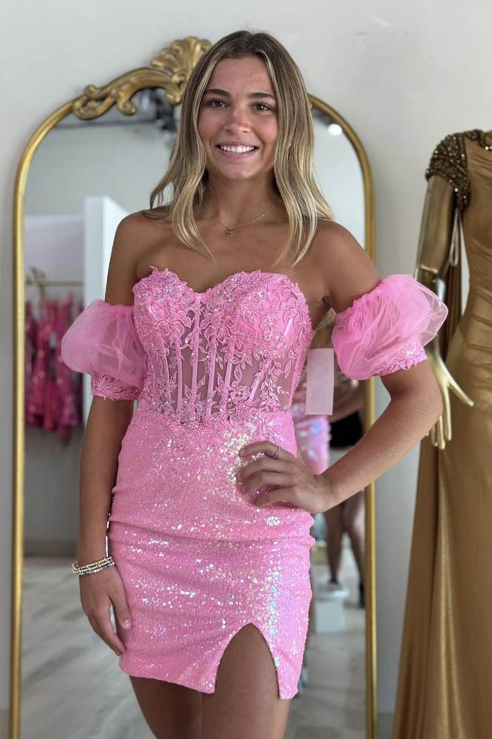 Sparkly Pink Tight Corset Sequined Short Homecoming Dress with Lace-BMbridal