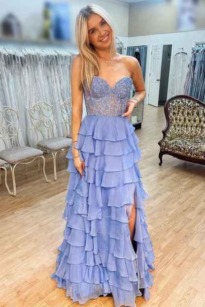A Line Sweetheart Light Blue Long Tiered Chiffon Prom Dress with Appliques