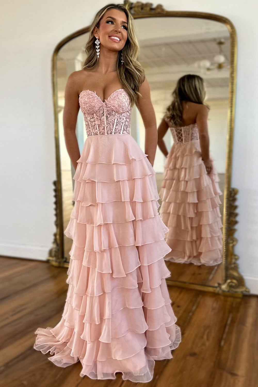 A Line Sweetheart Light Blue Long Tiered Chiffon Prom Dress with Appli