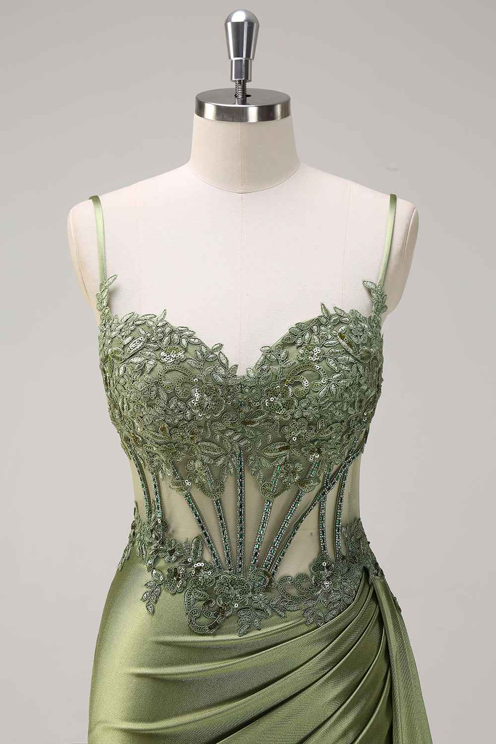 Trendy Mermaid Spaghetti Straps Silver Corset Prom Dress with Appliques