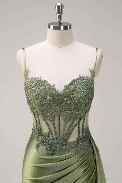 Trendy Mermaid Spaghetti Straps Silver Corset Prom Dress with Appliques