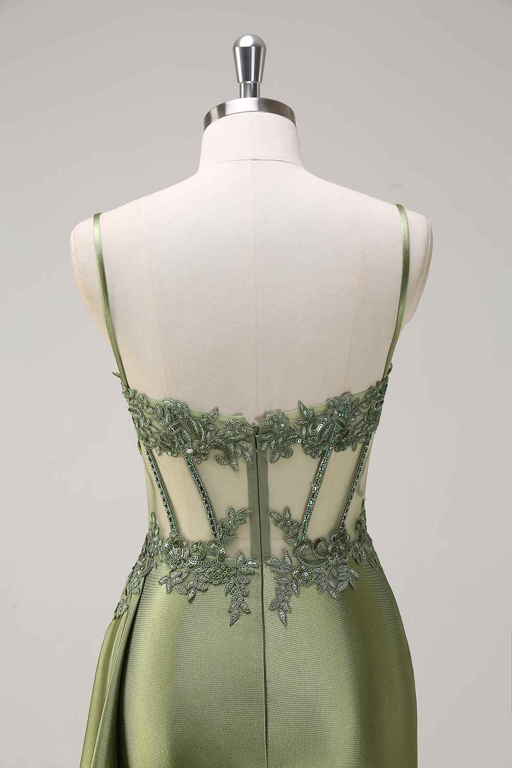 Trendy Mermaid Spaghetti Straps Silver Corset Prom Dress with Appliques