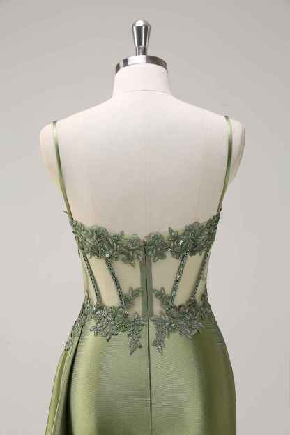 Trendy Mermaid Spaghetti Straps Silver Corset Prom Dress with Appliques