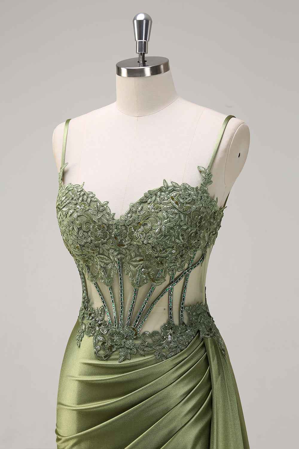 Trendy Mermaid Spaghetti Straps Silver Corset Prom Dress with Appliques