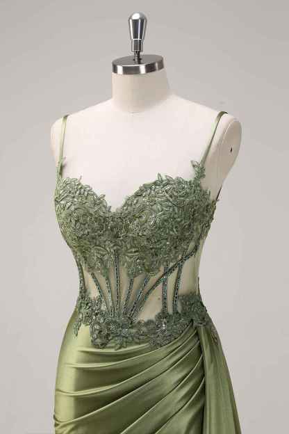 Trendy Mermaid Spaghetti Straps Silver Corset Prom Dress with Appliques