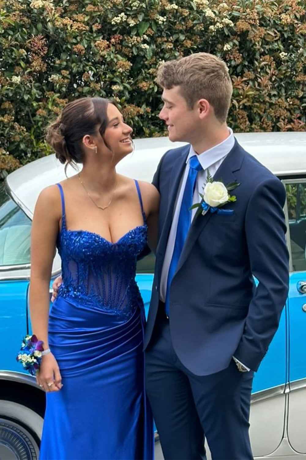 Trendy Mermaid Spaghetti Straps Silver Corset Prom Dress with Appliques