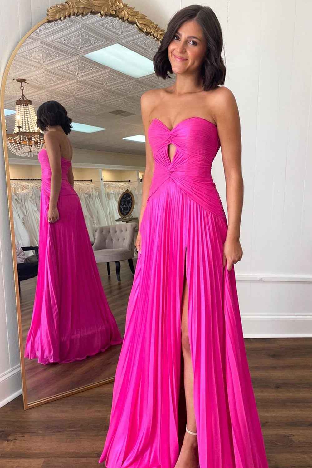 Fuchsia Strapless A Line Sweetheart Keyhole Long Pleated Prom Dress with Slit