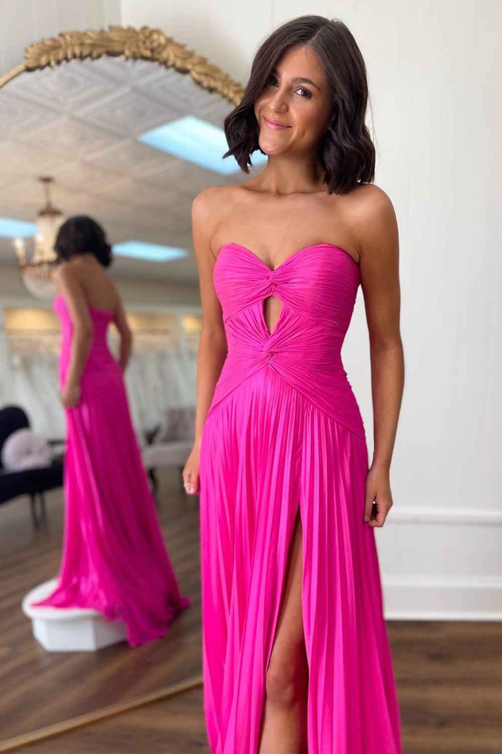 Fuchsia Strapless A Line Sweetheart Keyhole Long Pleated Prom Dress with Slit