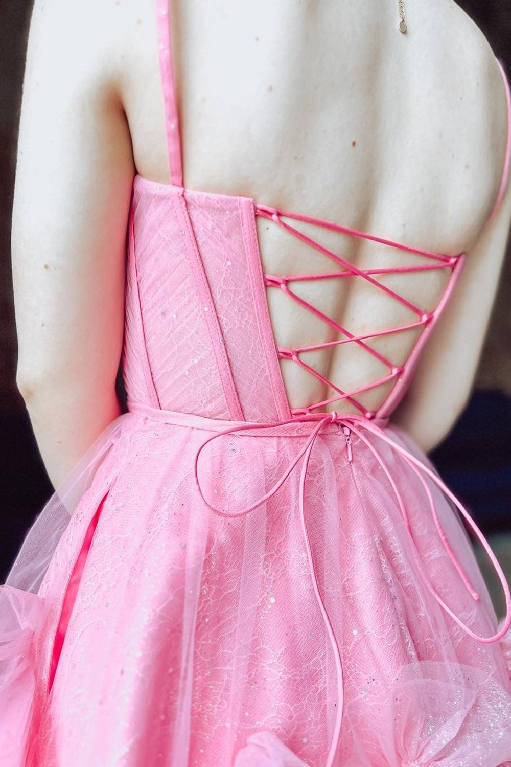 Glitter Pink Corset Tulle A-Line Tulle Short Homecoming Dress With Pocket-BMbridal