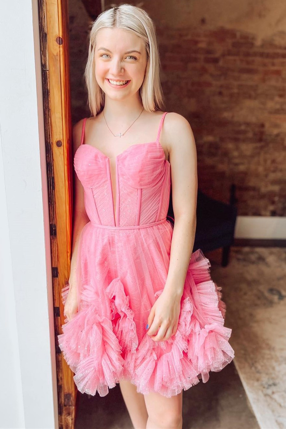 Glitter Pink Corset Tulle A-Line Tulle Short Homecoming Dress With Pocket-BMbridal
