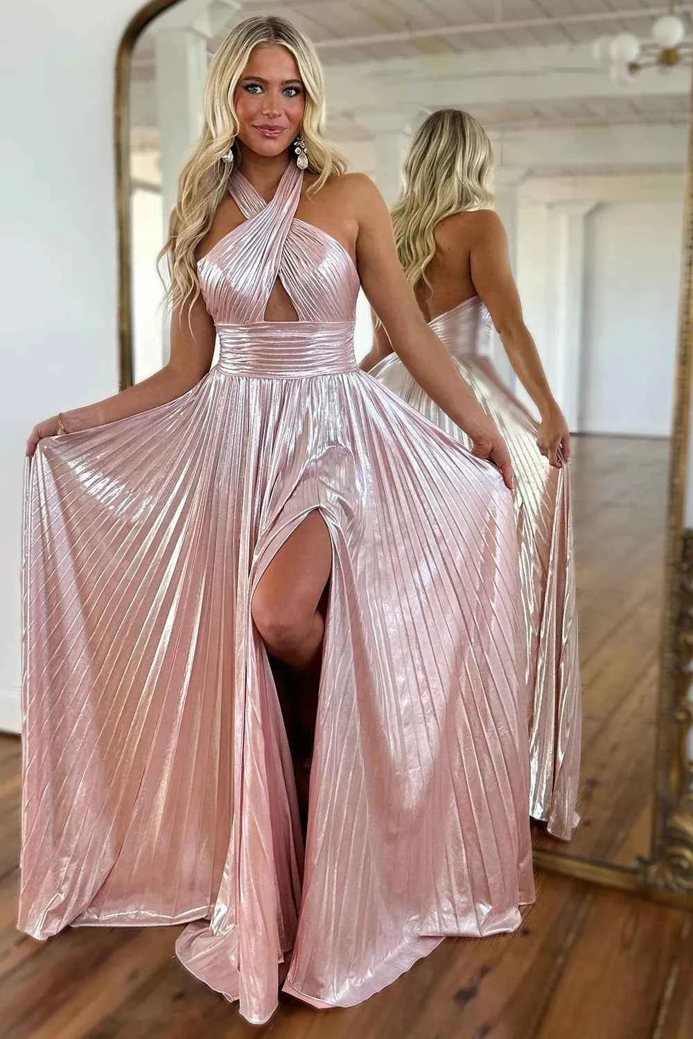 Metallic Blush Halter Neck A-Line Pleated Long Prom Dress with Slit
