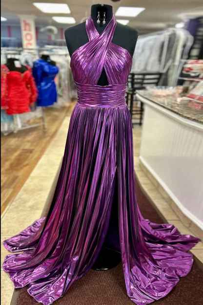 Metallic Blush Halter Neck A-Line Pleated Long Prom Dress with Slit