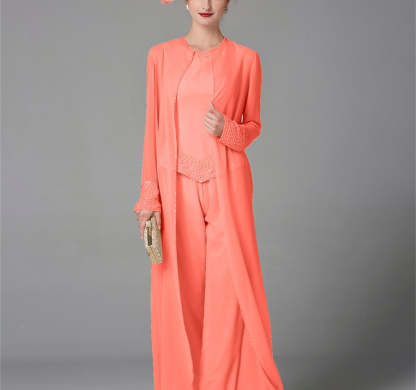 Long-Sleeve Chiffon Mother of the Bride Pantsuit with Jacket and Sequins-BMbridal