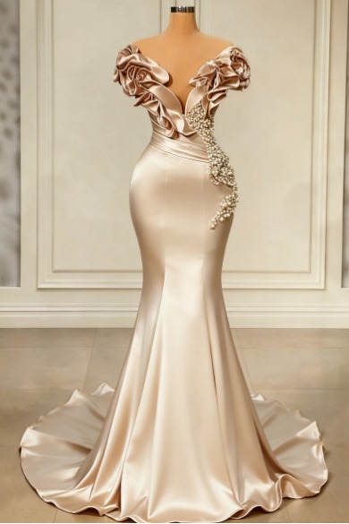 Designer White Long Pearl Ruffle Evening Dresses-BMbridal