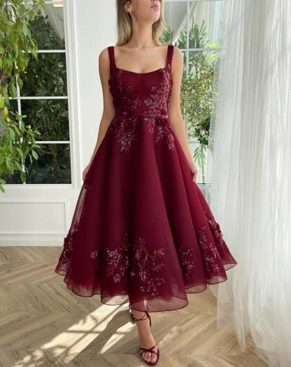 Bmbridal Tulle Square Neck A-Line Straps Prom Dresses with Lace