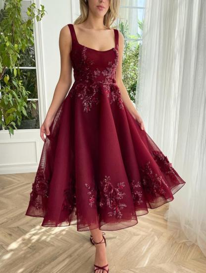 Bmbridal Tulle Square Neck A-Line Straps Prom Dresses with Lace