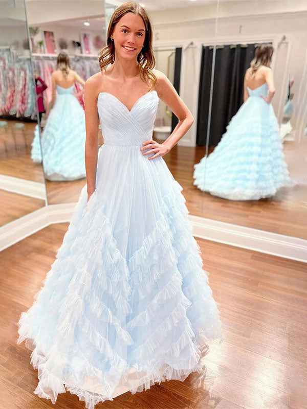 Whimsical Strapless Ruffled Tulle Long Prom Dress