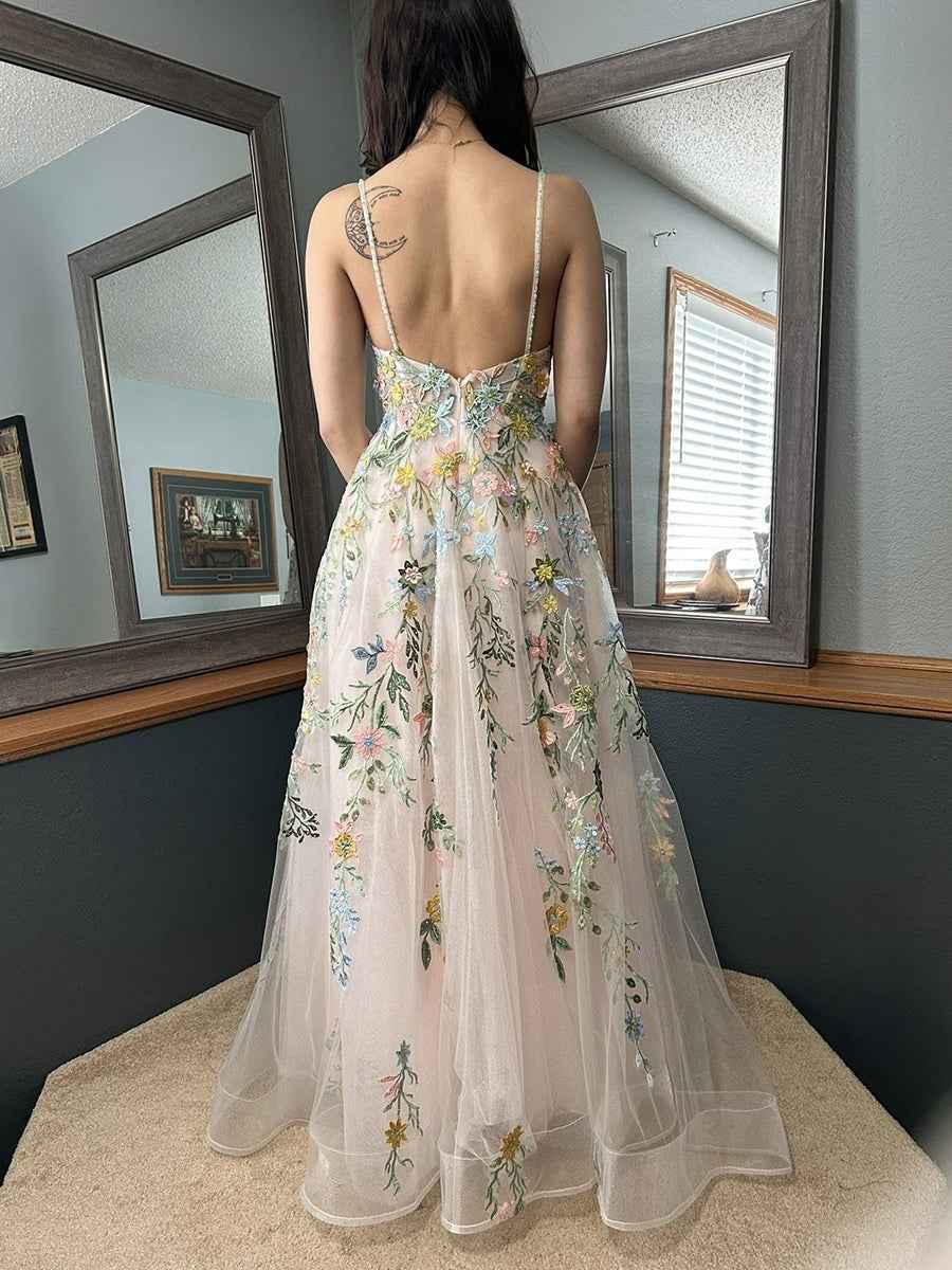 Whimsical Pastel Blush Floral Embroidered Tulle Long Prom Dress