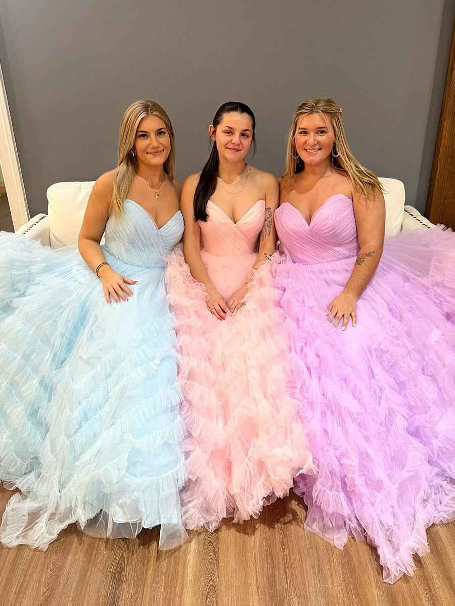 Whimsical Strapless Ruffled Tulle Long Prom Dress