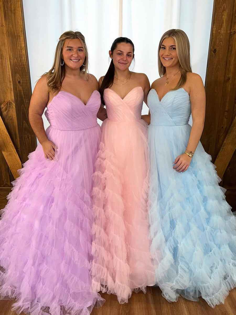 Whimsical Strapless Ruffled Tulle Long Prom Dress
