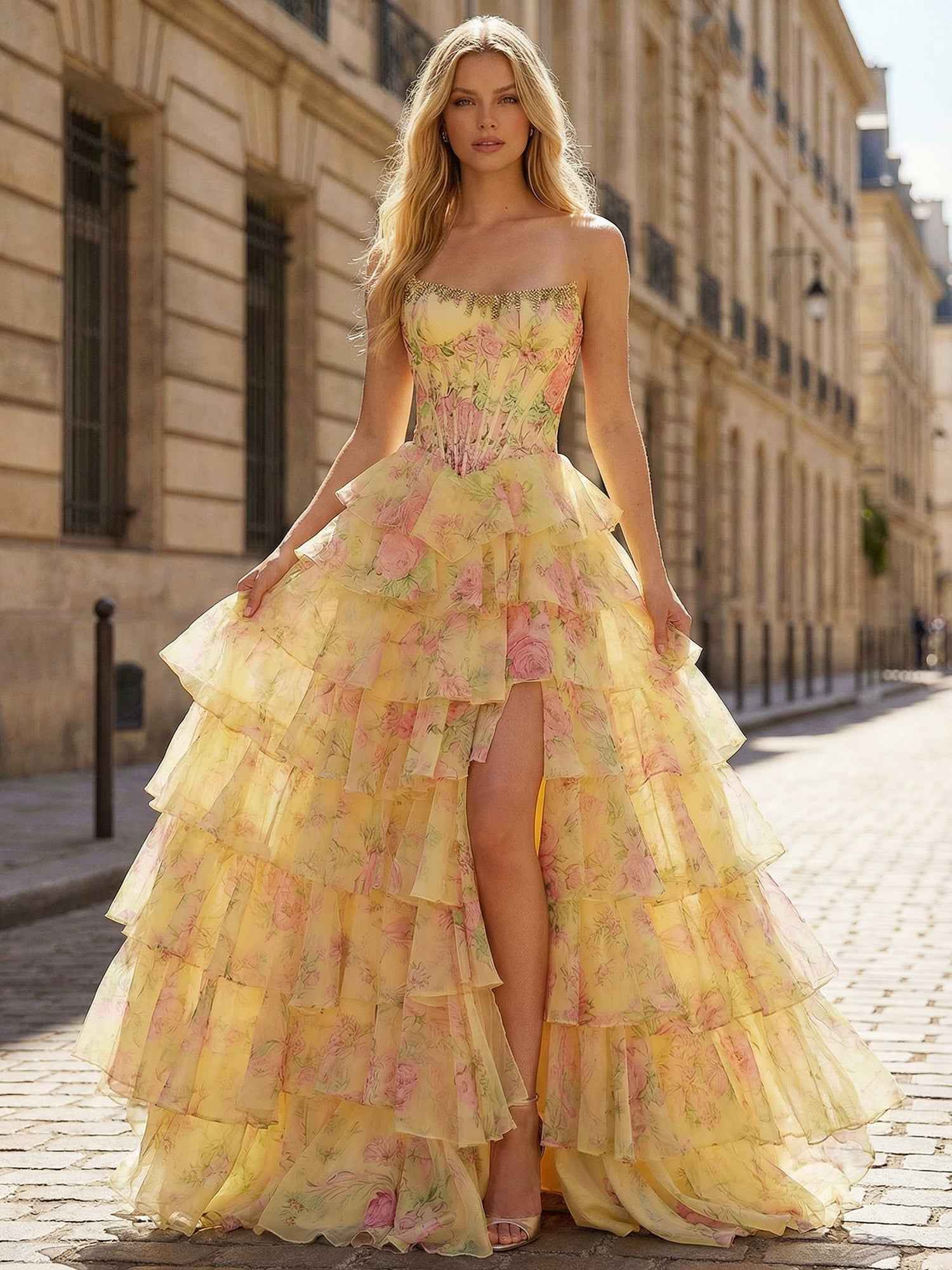 Whimsical Yellow Floral Tiered Ruffles Corset Prom Dress with Slit