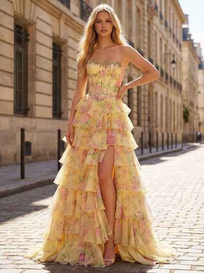 Whimsical Yellow Floral Tiered Ruffles Corset Prom Dress with Slit