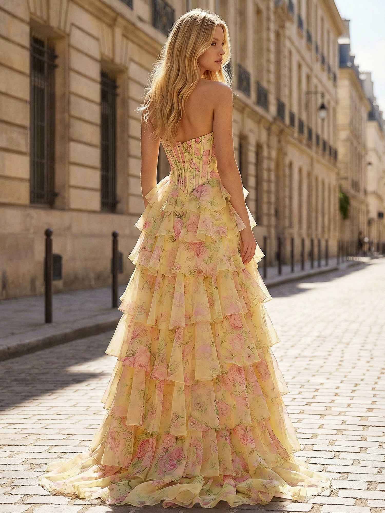 Whimsical Yellow Floral Tiered Ruffles Corset Prom Dress with Slit