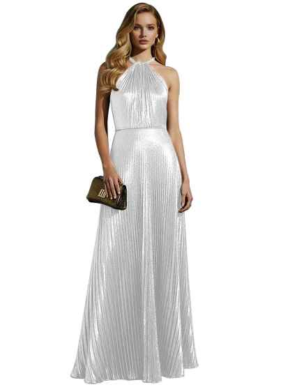 Luxurious Champagne-Gold Pleated Halter Long Prom Dress