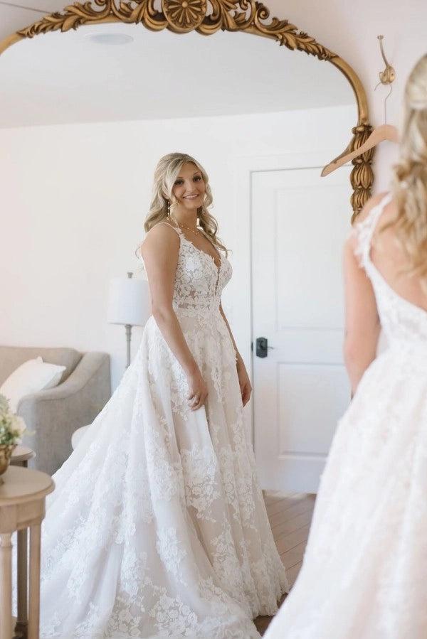 White 3D Floral Lace A-Line Wedding Dress V-Neck Spaghetti Straps Allover 3D Flower Leaf Applique Open Back Voluminous Skirt Cathedral Train Bridal Gown