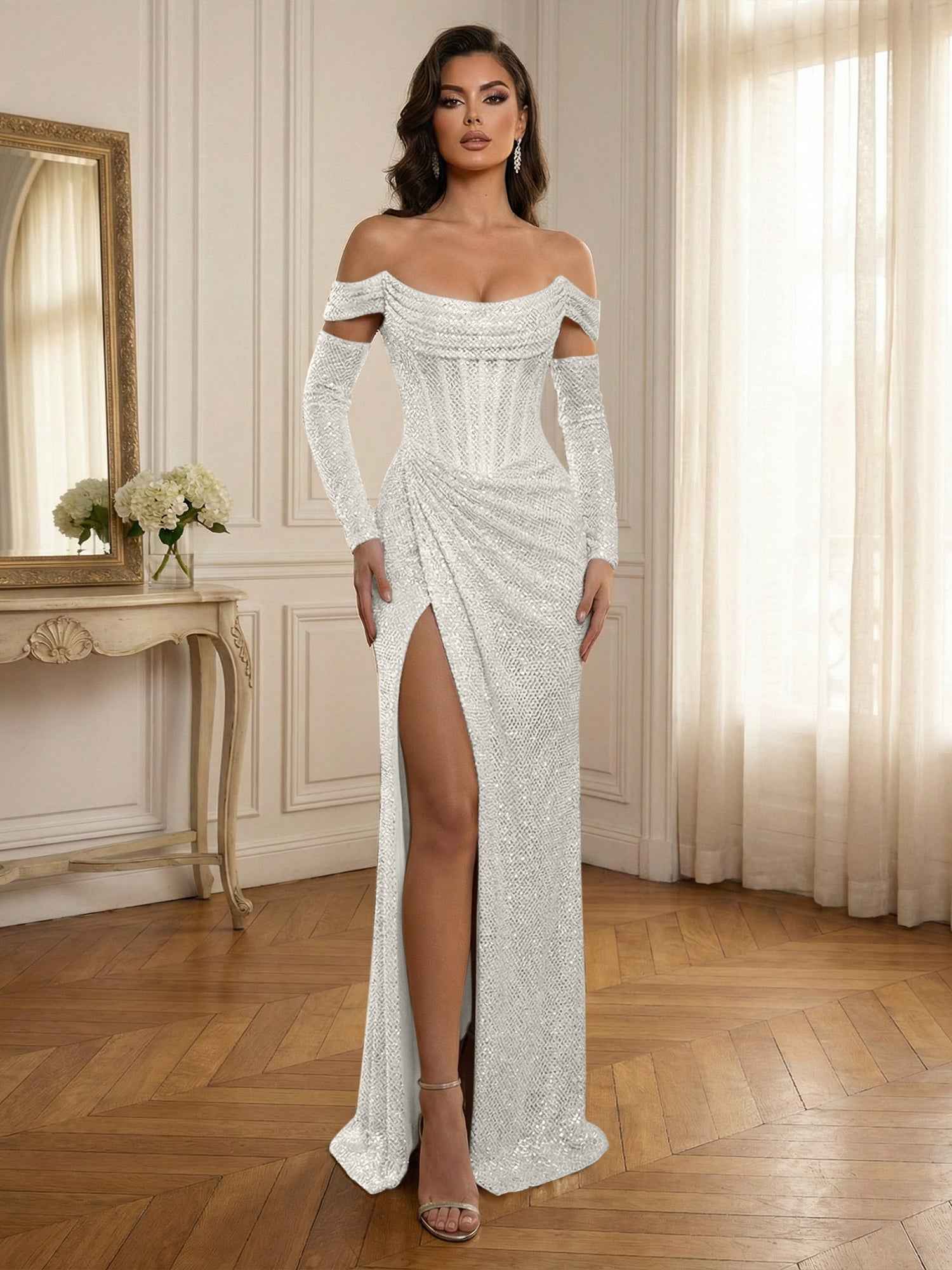 Silver Sequin Off-the-Shoulder Long Sleeves Corset Prom Dress with Slit