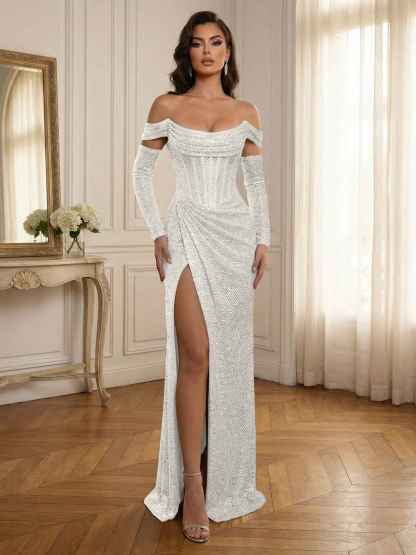 Silver Sequin Off-the-Shoulder Long Sleeves Corset Prom Dress with Slit