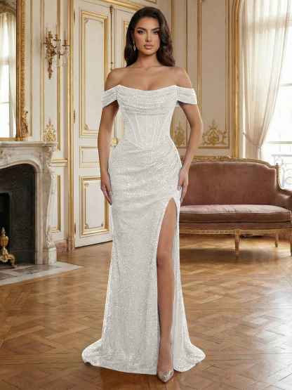 Sequin Off-the-Shoulder Corset Bodice Long Prom Dress with Slit