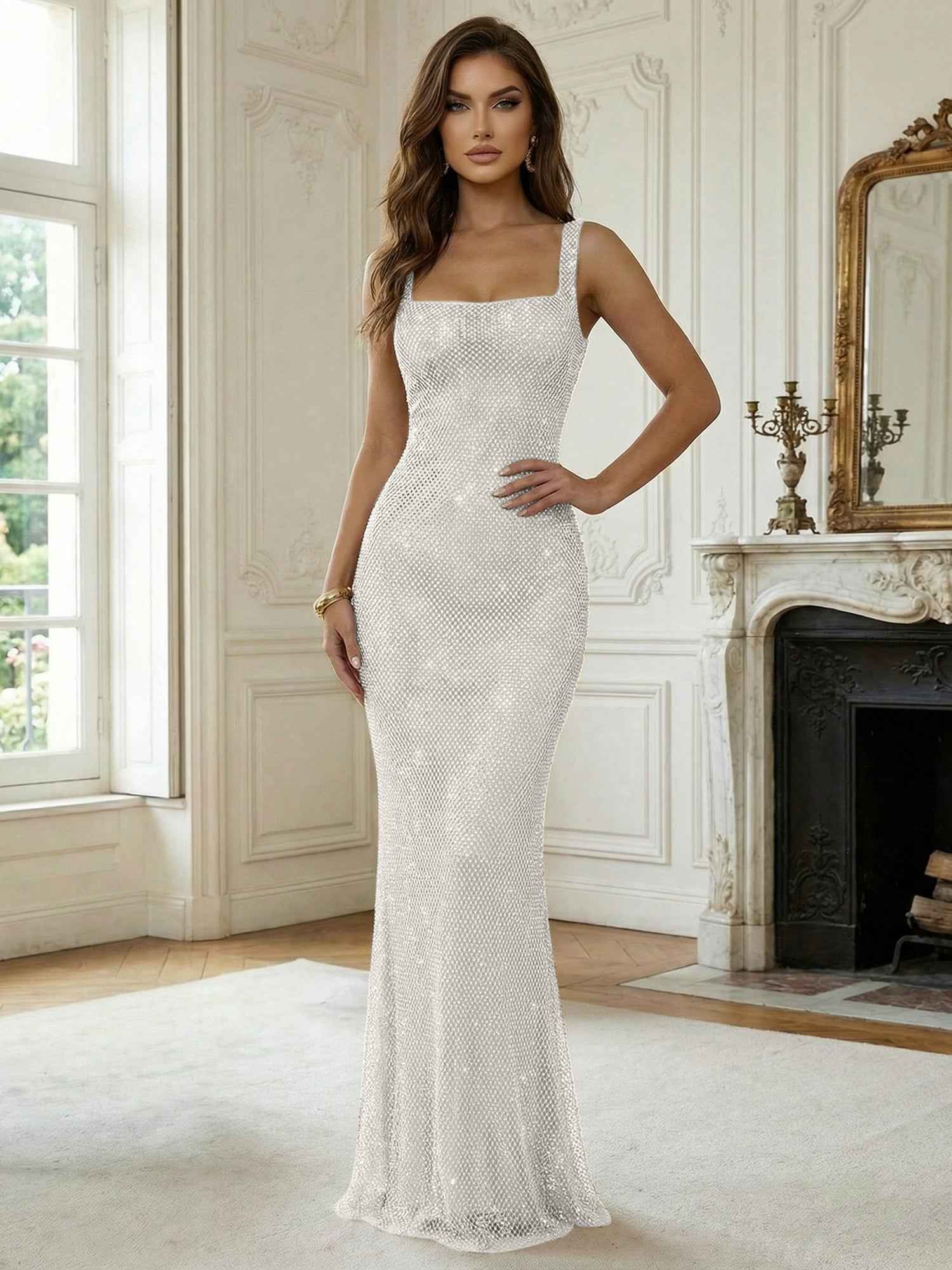 Crystal-Embellished Mermaid Long Prom Dress with Square Neckline