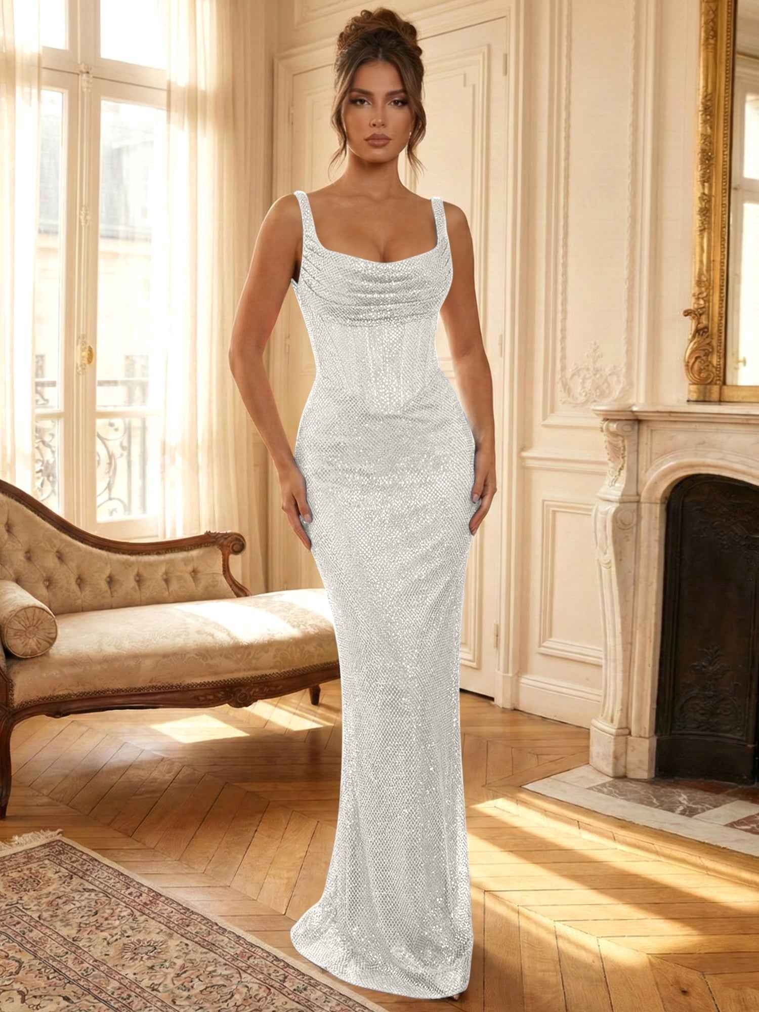 Sparkly Blue Shimmer Cowl Neck Corset Prom Dress