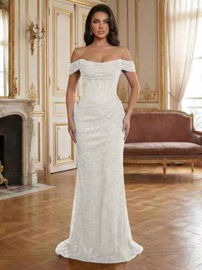 Red Off-The-Shoulder Sequined Corset Mermaid Long Prom Dress