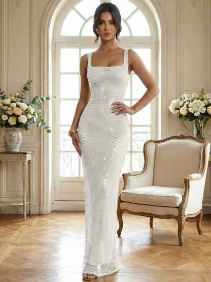 Sparkly Champagne Crystal Mesh Square Neck Long Prom Dress