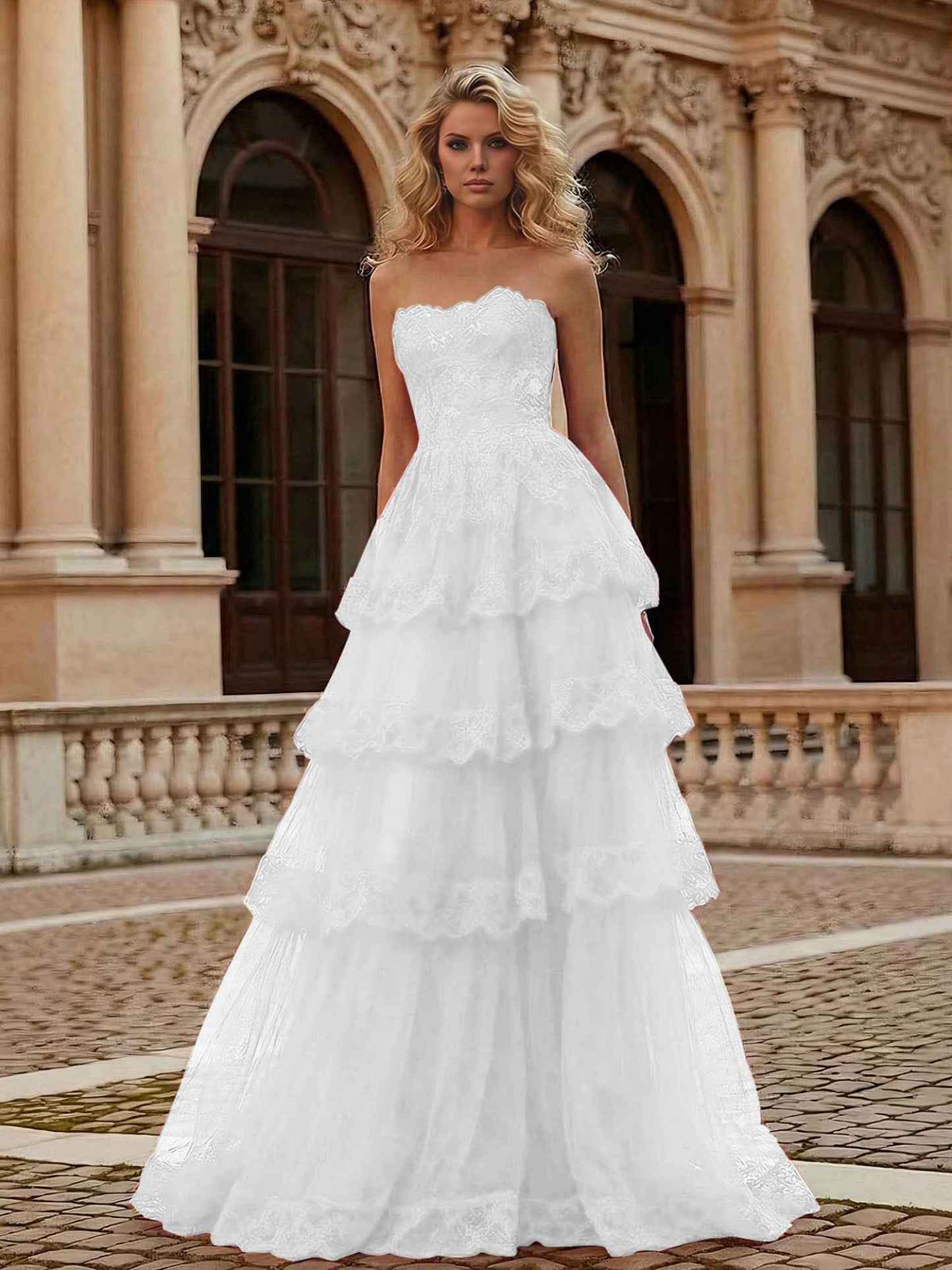 Red Tiered Tulle Strapless Lace Bodice A-Line Long Prom Dress