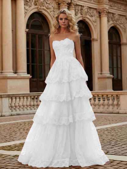 Red Tiered Tulle Strapless Lace Bodice A-Line Long Prom Dress